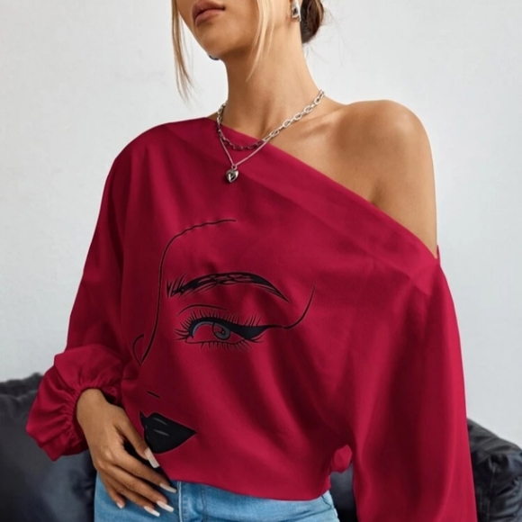 SHEIN GRAPHIC ASYMMETRICAL NECK LANTERN SLEEVE - Picture 3 of 4